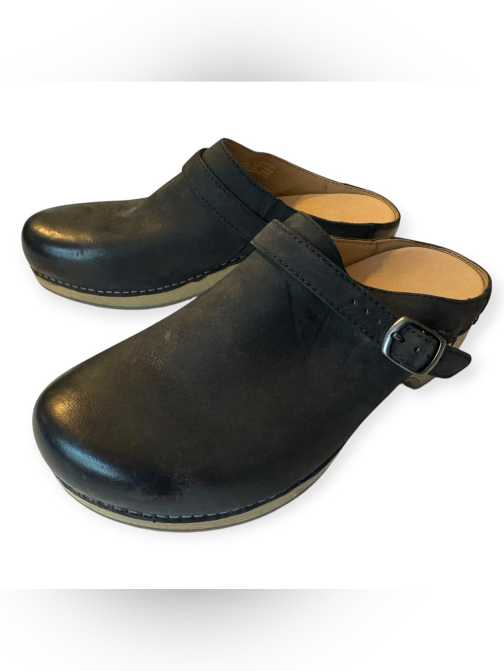 Dansko Black Leather Clog Mule with Side Buckle